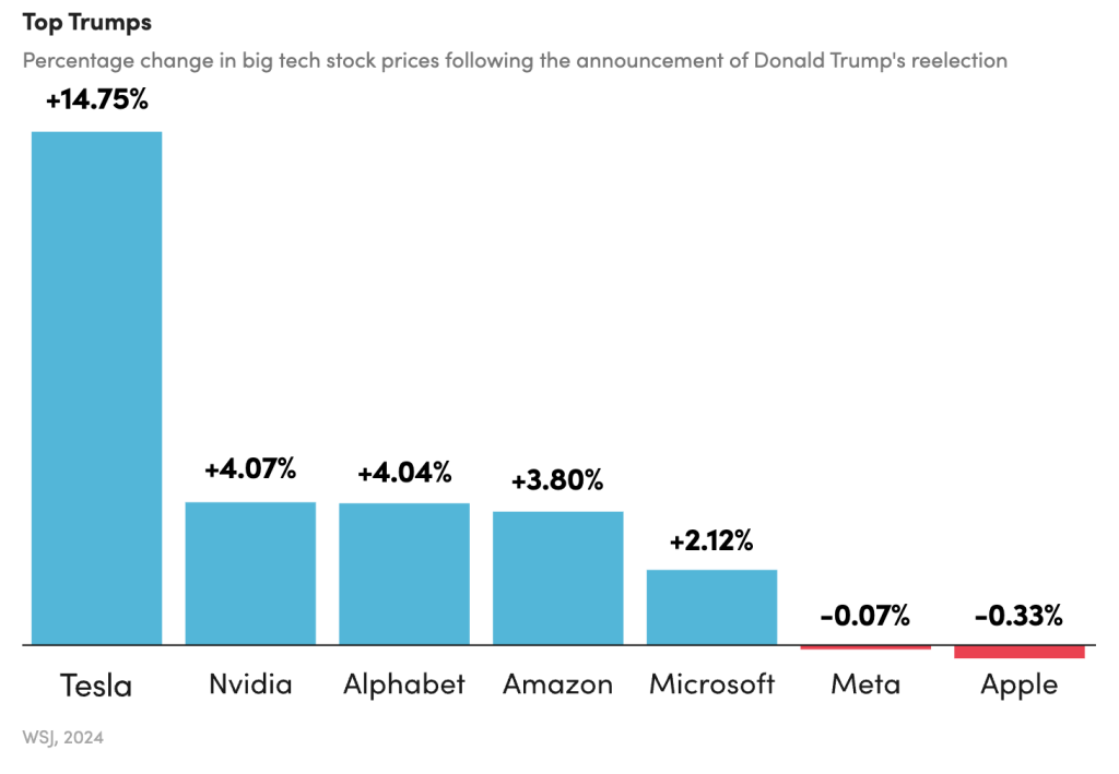 Percentage change in big tech stock prices following the announcement of Donald Trump's reelection